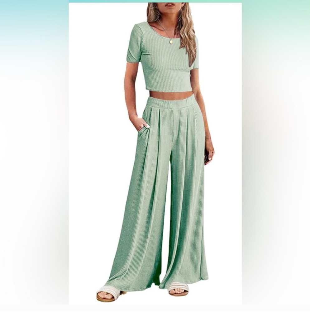 Mint Green Women's Wide-Leg Pant Set